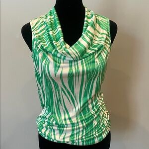 Green and White Sleeveless Cowl Neck Top leaf pattern